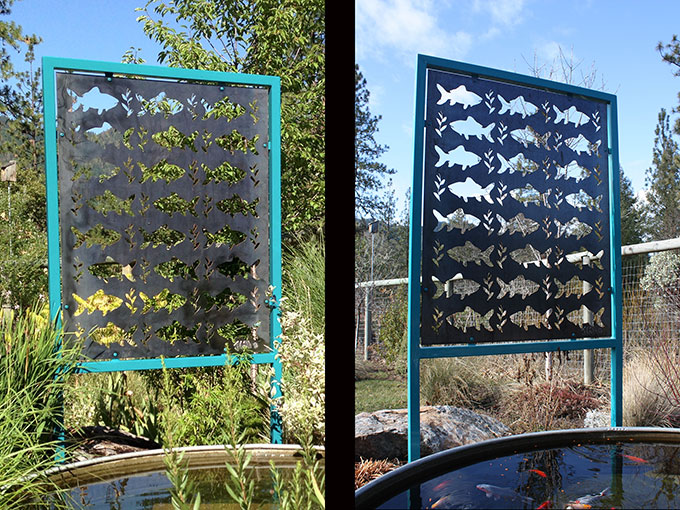 fishpanel welding sculpture steel fish garden decorative screening shade pond water jacksonville oregon jeremy criswell sculpture art