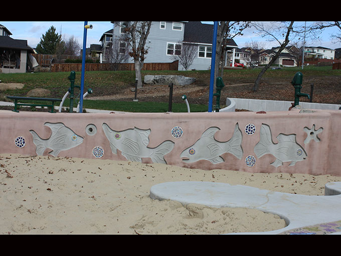 Oregon Hills Park public art project mosaic and relief fish mural